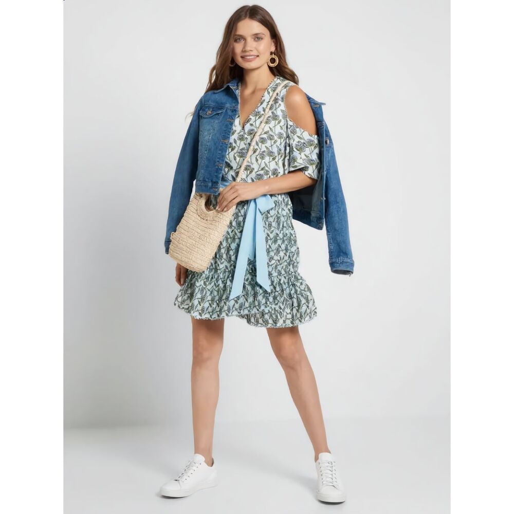 Foxiedox Floral Mini Dress M NWT Blue Pleated Ruffle Tie Waist Flutter Sleeve